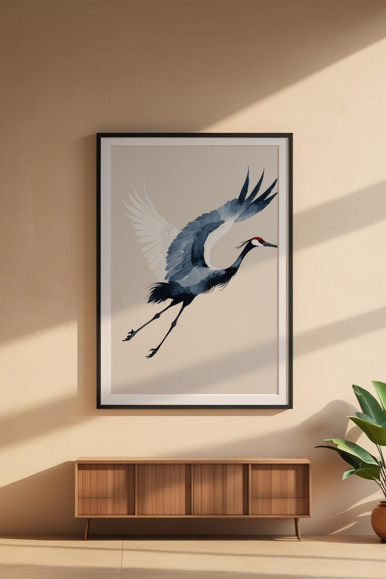Ink Crane Flight | Japanese Minimalist Bird Art | Zen Wall Decor Bild 6