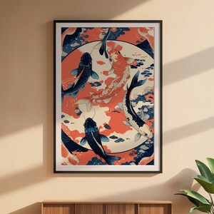Koi Fish Circle | Japanese Water Art | Zen Ikat Pattern Poster image 6