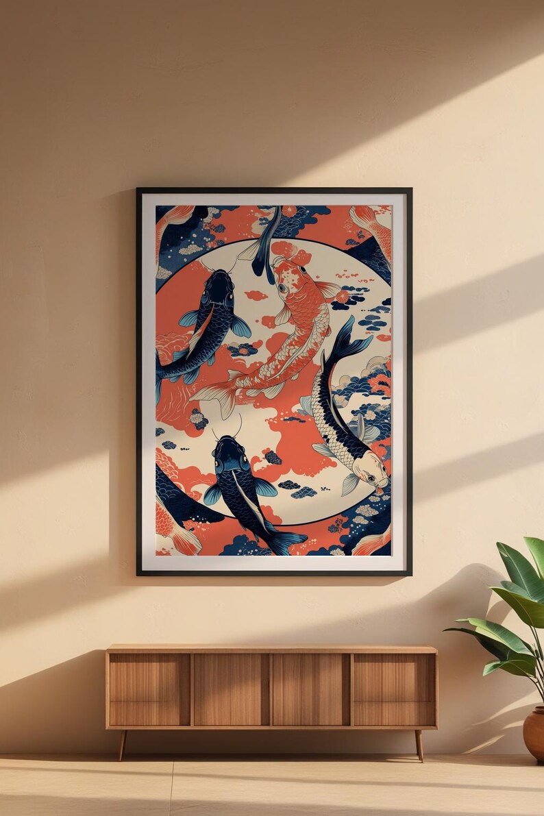 Koi Fish Circle | Japanese Water Art | Zen Ikat Pattern Poster image 6