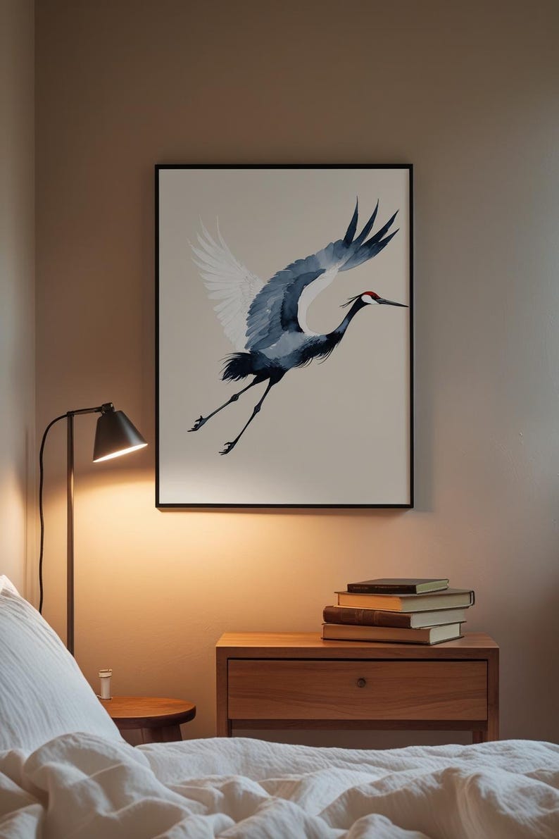 Ink Crane Flight | Japanese Minimalist Bird Art | Zen Wall Decor Bild 3