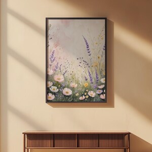 Prado de flores silvestres en tonos pastel / Póster botánico romántico / Arte de acuarela suave imagen 7