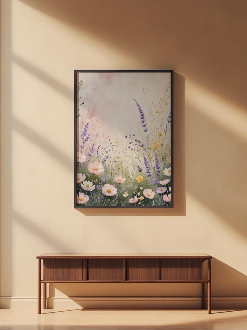 Prado de flores silvestres en tonos pastel / Póster botánico romántico / Arte de acuarela suave imagen 7