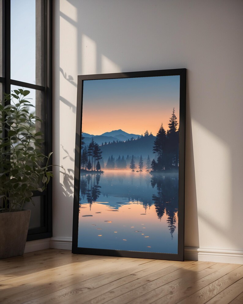 Twilight Lake Reflection | Peaceful Nature Poster | Golden Hour Landscape image 3