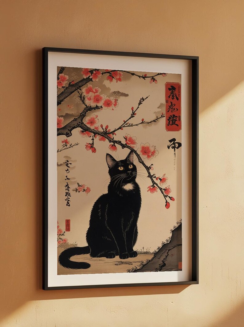 Black Cat Cherry Blossoms | Asian Wall Art Poster image 7
