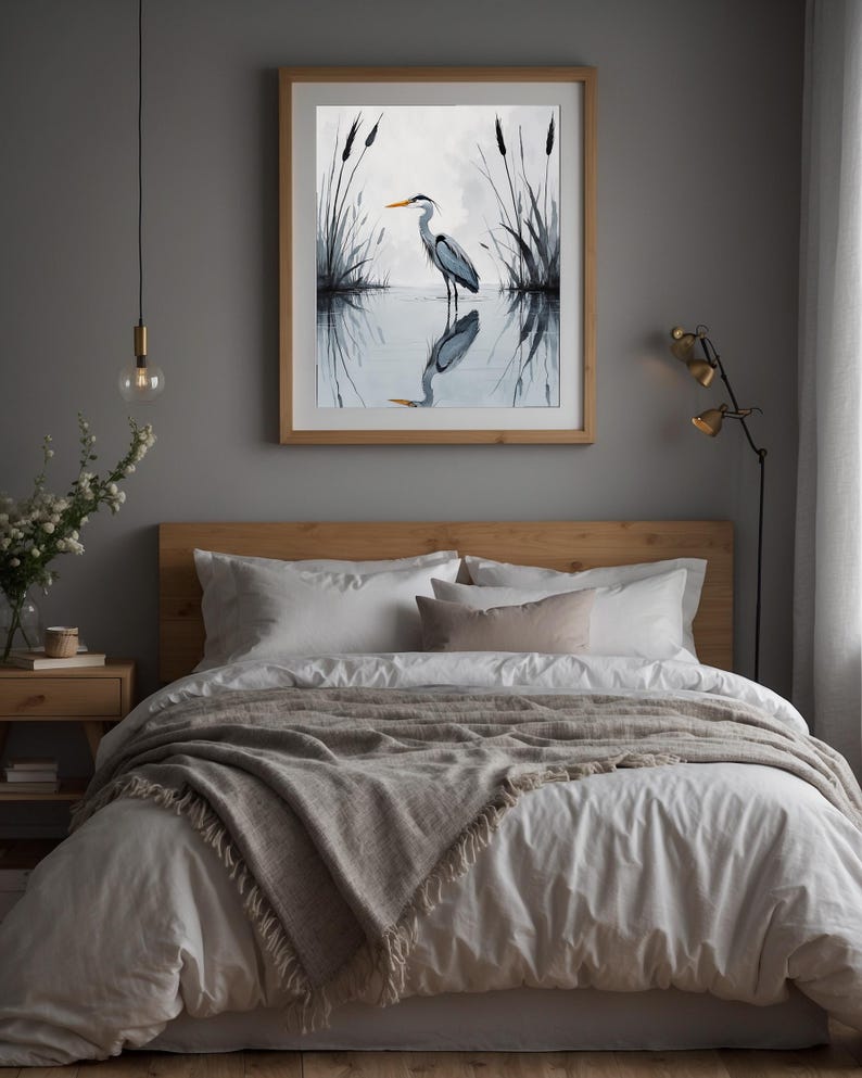Minimalist Heron | Reflected Water Bird | Zen Nature Art Bild 10