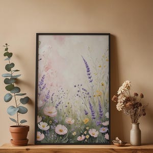 Prado de flores silvestres en tonos pastel / Póster botánico romántico / Arte de acuarela suave imagen 1