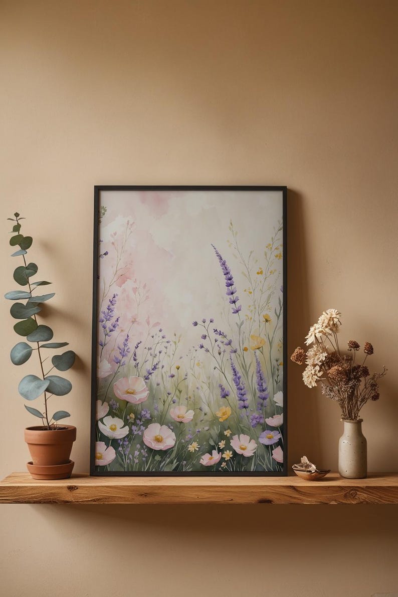 Prado de flores silvestres en tonos pastel / Póster botánico romántico / Arte de acuarela suave imagen 1