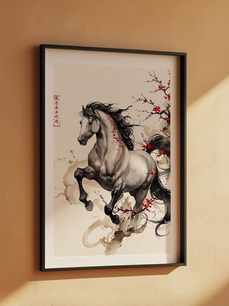 Horse Cherry Blossom | Asian Ink Art Print | Japanese Watercolor Poster 画像 7