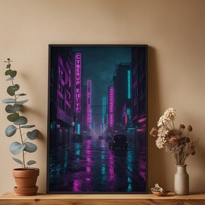 Cyberpunk Neon City | Rainy Street Poster afbeelding 4