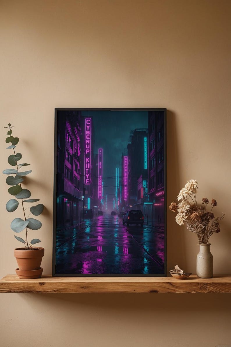 Cyberpunk Neon City | Rainy Street Poster afbeelding 4
