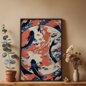 Koi Fish Circle | Japanese Water Art | Zen Ikat Pattern Poster image 4