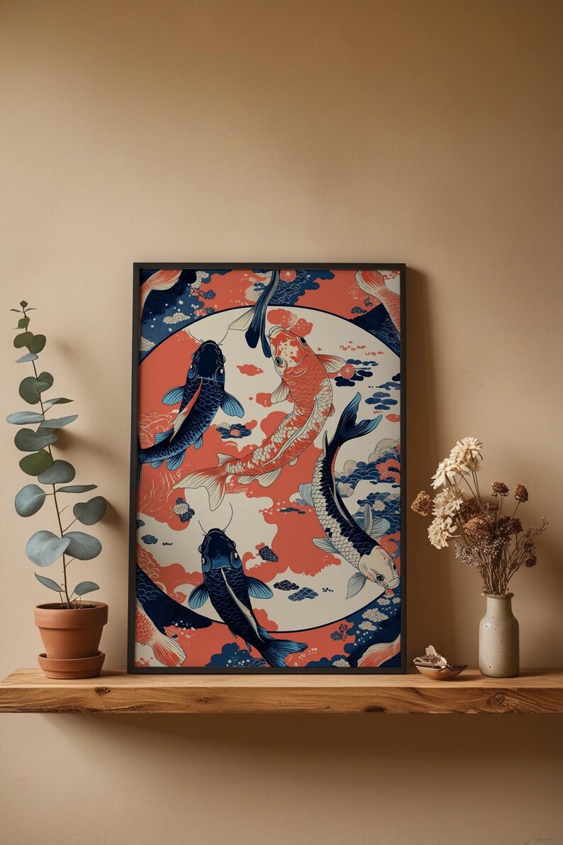 Koi Fish Circle | Japanese Water Art | Zen Ikat Pattern Poster image 4