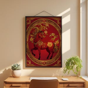 Chinese horse art | Red gold zodiac poster | Asian wall decor Bild 1