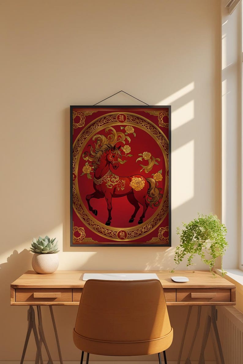 Chinese horse art | Red gold zodiac poster | Asian wall decor Bild 1