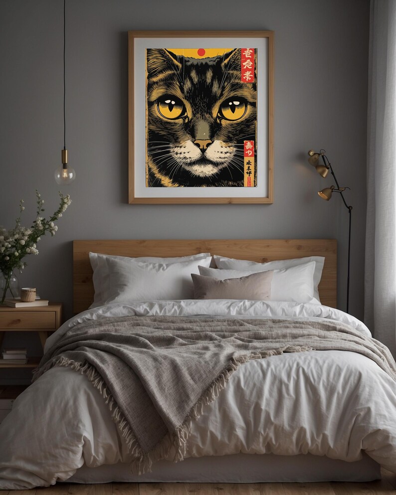 Japanese Cat Poster | Gold Eyes Woodblock Art image 10