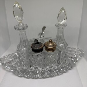 Vintage Cut Glass Cruet Set, Crystal Condiment Set with Stoppers, Oil Vinegar Bottles, Mustard Pot, Cottage Kitchen Decor