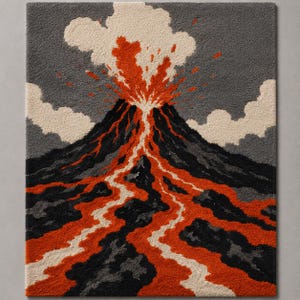 May include: A rectangular tufted rug featuring a graphic illustration of a volcanic eruption. The design displays a dark gray mountain with bright orange lava flowing down its slopes, topped with a large plume of off-white smoke and ash clouds.