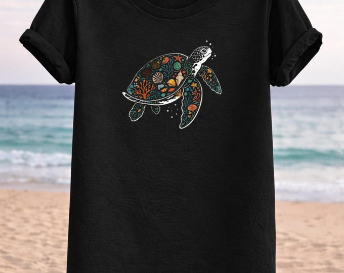 Ocean Mosaic Turtle T-Shirt – Coastal Marine Life Art Tee