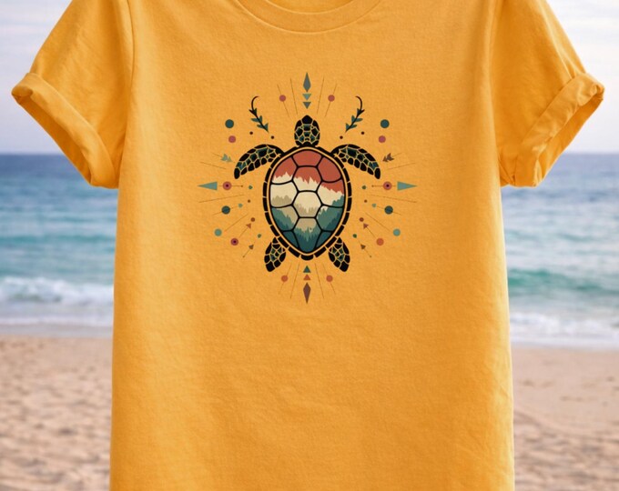 Tribal Sunset Turtle T-Shirt – Geometric Sea Turtle Oceanline Tee