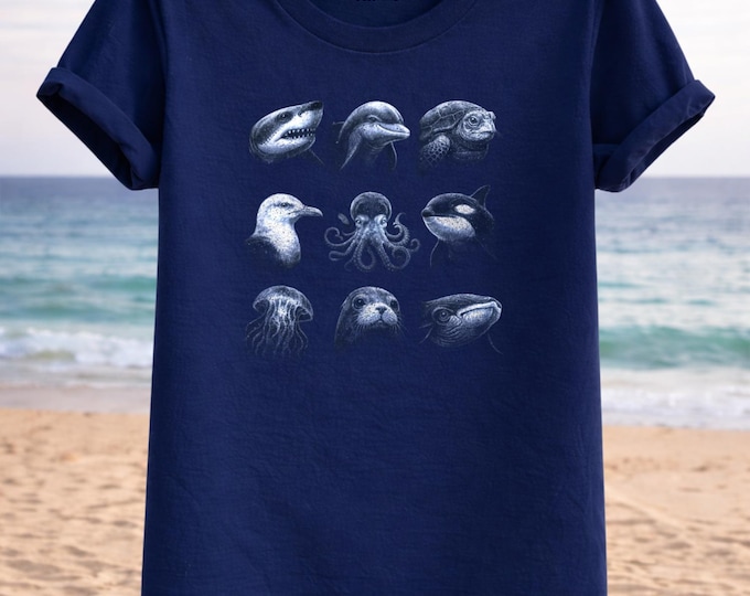 Ocean Animals Monochrome Illustration Tee – Shark, Dolphin, Turtle, Octopus, Orca