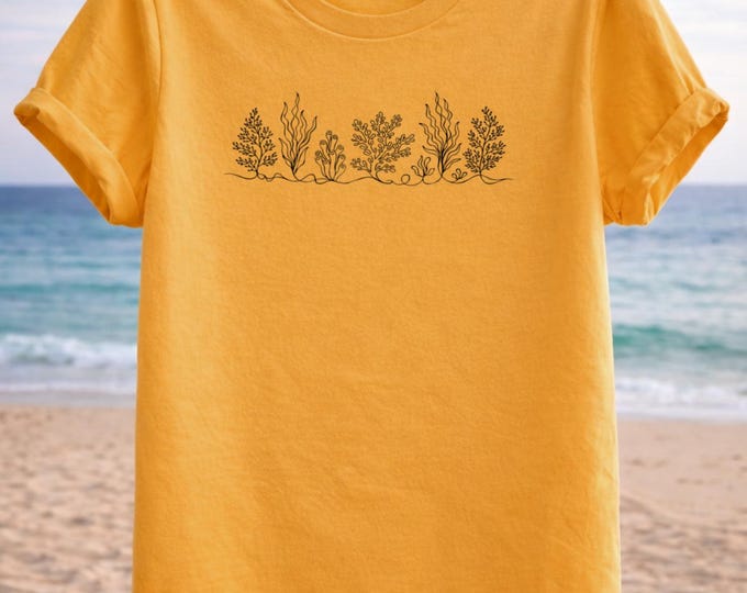 Ocean Botanical Line Art T-Shirt – Minimalist Coastal Sea Plant Design
