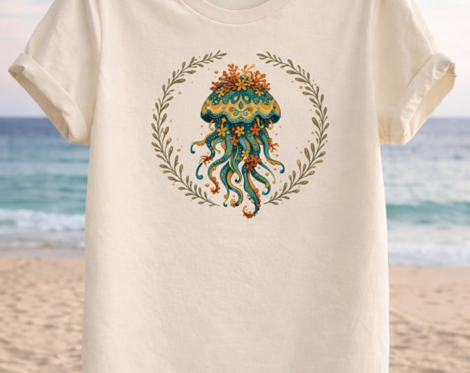 Ornamental Jellyfish T-Shirt – Botanical Wreath Marine Art Tee