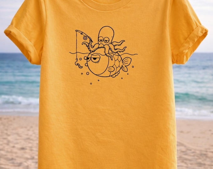 Lazy Octopus Fishing T-Shirt – Humorous Oceanline Line-Art Tee