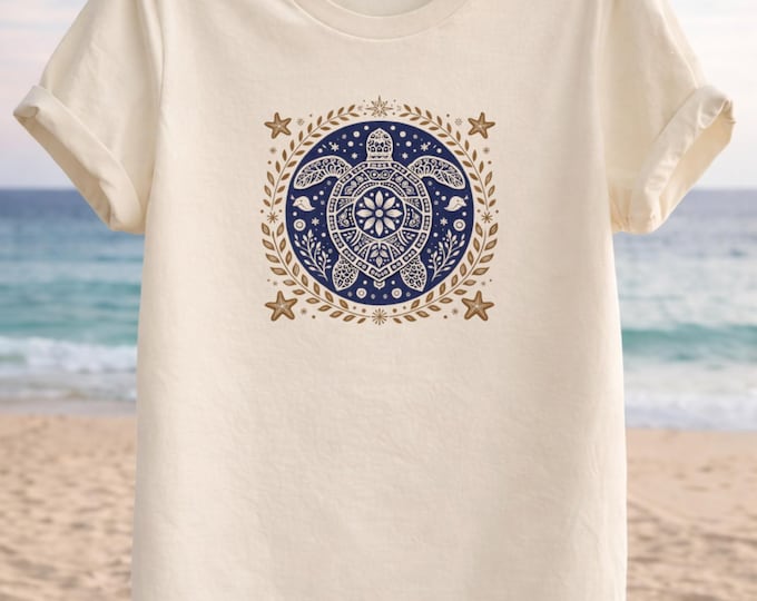 Blue Turtle Emblem T-shirt: Mandala Sea Life Design, Unisex Fit