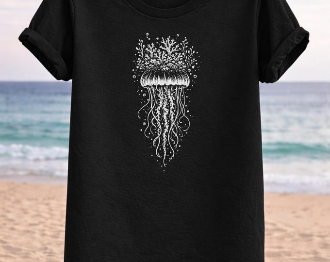 Botanical Jellyfish Line Art T-Shirt – Minimalist Ocean Tee