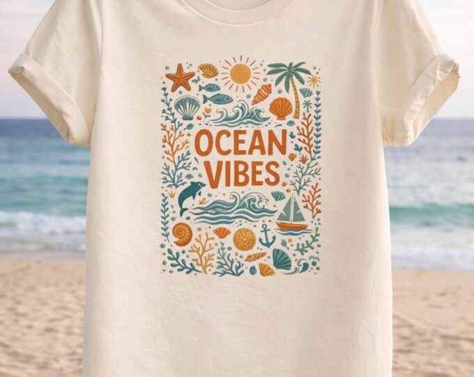 Ocean Vibes Summer Tee – Tropical Seashells, Palm Trees, Sailing Boat Graphic