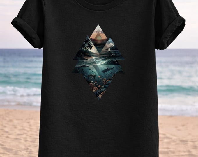 Ocean Layers Sunset T-Shirt – Geometric Seascapes, Marine Life, Unisex Tee