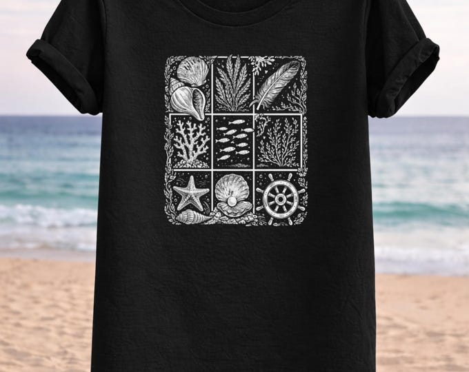 Ocean Elements Grid Tee – Illustrated Seashells, Coral, Nautical Art Coastal Style
