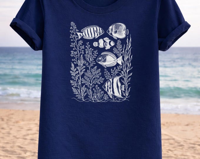 Tropical Reef Sketch T-Shirt – Hand-Drawn Fish and Seaweed Linework Tee