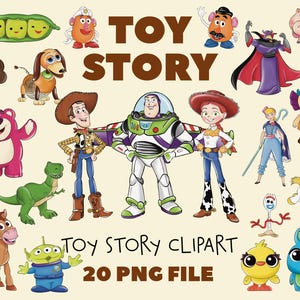 Puede incluir: Una colección de imágenes prediseñadas de personajes coloridos de Toy Story. La imagen incluye a Woody, Buzz Lightyear, Jessie y otros personajes de la película animada. El texto en la parte superior dice "TOY STORY" y en la parte inferior "TOY STORY CLIPART 20 PNG FILE".