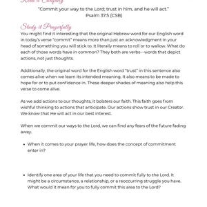 May include: A page from a devotional book with the title "DAY 2: A PRAYER OF COMMITMENT." The text includes a Bible verse from Psalm 37:5 and prompts for reflection on commitment and trust. The page has a pink header.