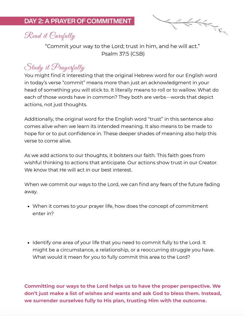 May include: A page from a devotional book with the title "DAY 2: A PRAYER OF COMMITMENT." The text includes a Bible verse from Psalm 37:5 and prompts for reflection on commitment and trust. The page has a pink header.