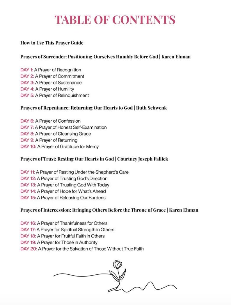 May include: A white page with the title "TABLE OF CONTENTS" in a burgundy font. The page lists various prayers, including prayers of surrender, repentance, trust, and intercession. The guide is organized by day, with each day's prayer listed.