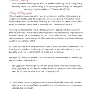 May include: A page from a devotional book with the title "DAY 1: A PRAYER OF RECOGNITION." The text includes a Bible verse and prompts for reflection. The page has a pink header and is on white paper.