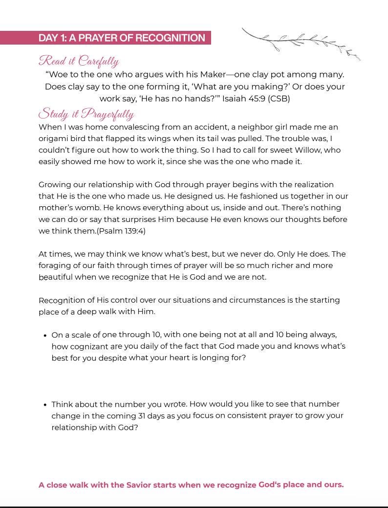 May include: A page from a devotional book with the title "DAY 1: A PRAYER OF RECOGNITION." The text includes a Bible verse and prompts for reflection. The page has a pink header and is on white paper.