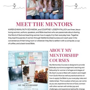 May include: Image features three women, the mentors, with text "MEET THE MENTORS". Below, several book covers are displayed with titles like "Silencing the Noise" and "Strong Single Mom". The text "MY MENTORSHIP COURSES" appears multiple times.