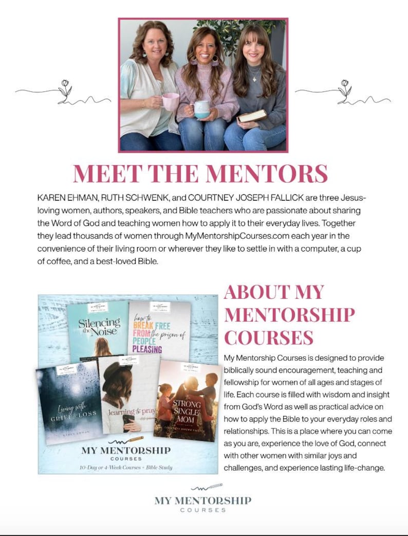 May include: Image features three women, the mentors, with text "MEET THE MENTORS". Below, several book covers are displayed with titles like "Silencing the Noise" and "Strong Single Mom". The text "MY MENTORSHIP COURSES" appears multiple times.