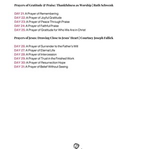 May include: A white page with the title "TABLE OF CONTENTS" in a pinkish-purple font. The page lists prayers, including "A Prayer of Remembering" and "A Prayer of Joyful Gratitude." A simple line drawing of a flower is at the bottom.