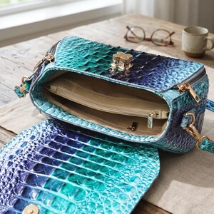 Puede incluir: Un bolso bandolera rectangular con textura de piel de cocodrilo en degradado azul y turquesa. El bolso cuenta con un cierre giratorio dorado en forma de tr&eacute;bol, un interior forrado en tela beige con bolsillo con cremallera y herrajes dorados.