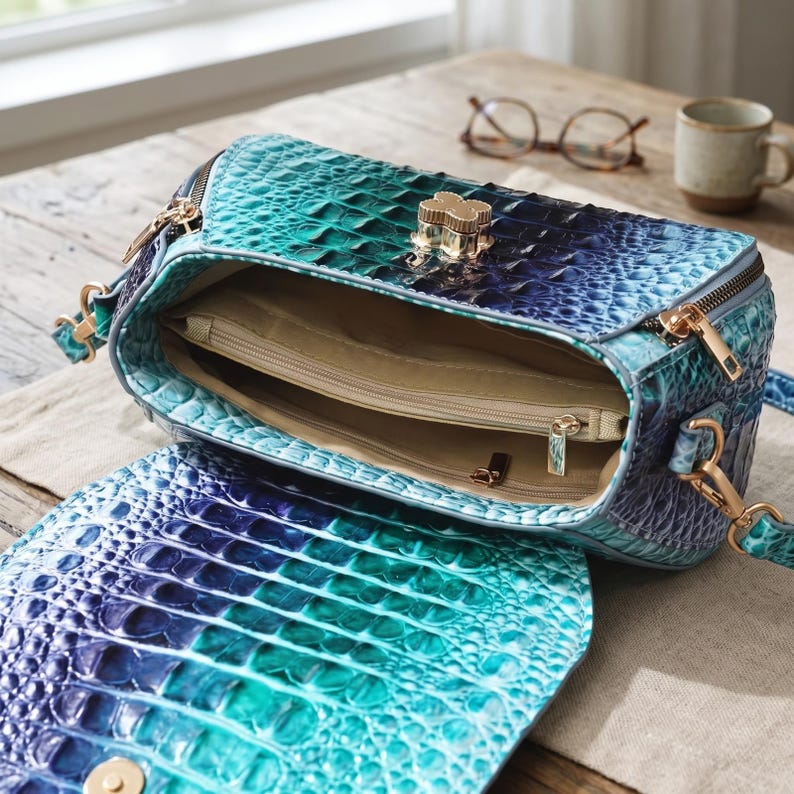 Puede incluir: Un bolso bandolera rectangular con textura de piel de cocodrilo en degradado azul y turquesa. El bolso cuenta con un cierre giratorio dorado en forma de tr&eacute;bol, un interior forrado en tela beige con bolsillo con cremallera y herrajes dorados.
