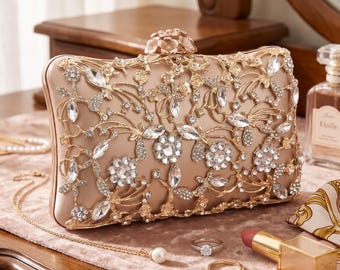 Floral Crystal Evening Clutch, Gold Rhinestone Wedding Purse, Vintage Bridal Handbag with Chain, Elegant Prom Evening Bag