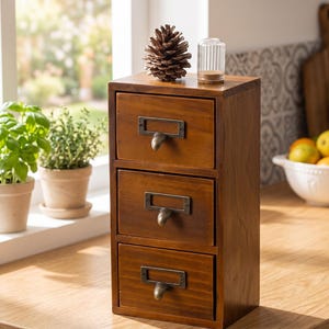 May include: A vertical wooden storage unit featuring three stacked drawers, each equipped with a dark metal label holder and a curved pull handle. The wood has a medium brown finish, and the unit is topped with a pinecone and a small glass jar.