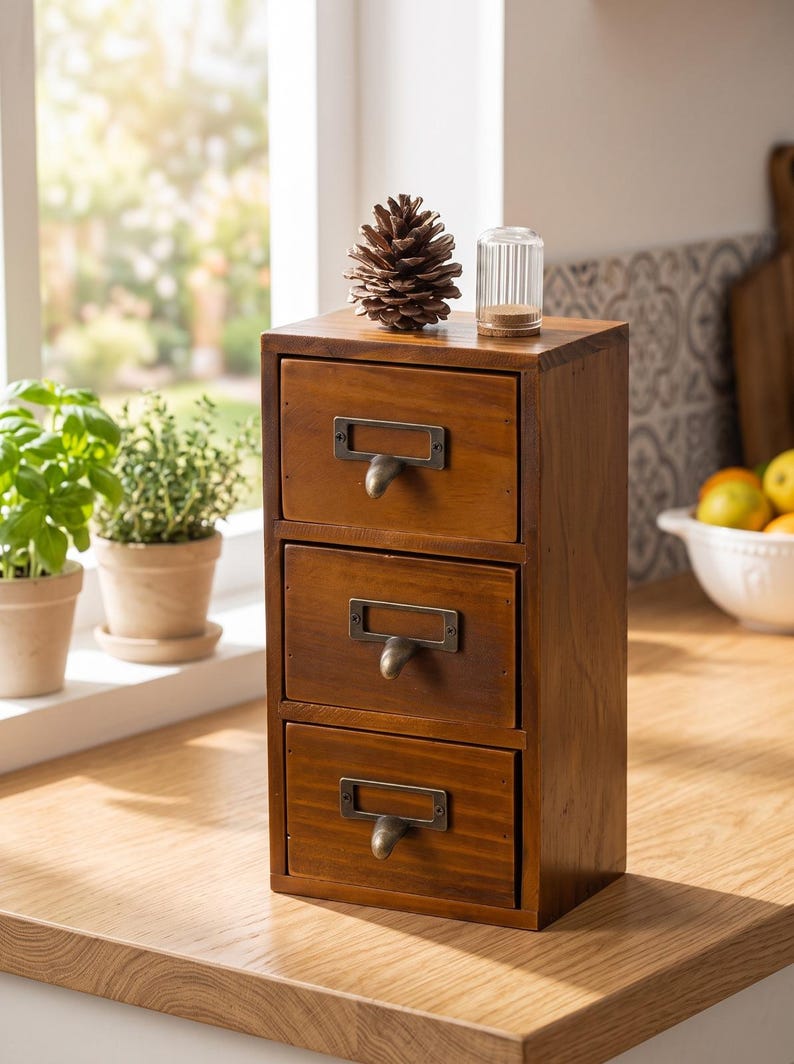 May include: A vertical wooden storage unit featuring three stacked drawers, each equipped with a dark metal label holder and a curved pull handle. The wood has a medium brown finish, and the unit is topped with a pinecone and a small glass jar.