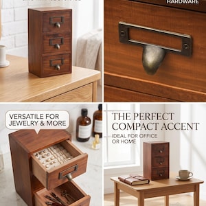 May include: A small wooden storage unit with three drawers, each featuring a dark metal label holder and a curved pull handle. The unit has a warm brown finish and is shown with drawers closed and open, revealing contents like jewelry and pens.