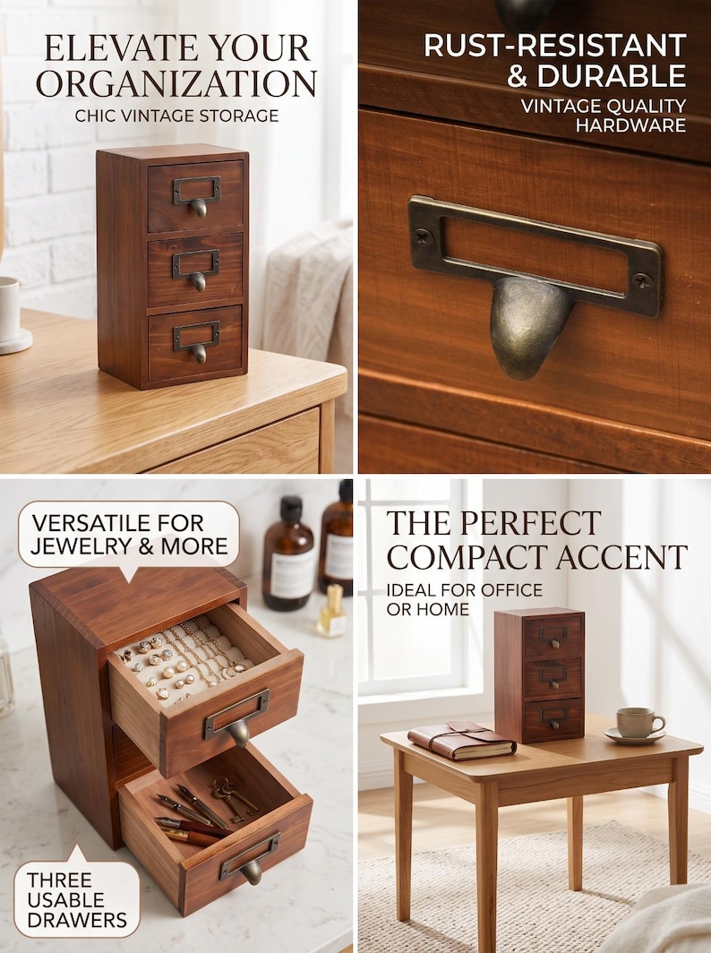May include: A small wooden storage unit with three drawers, each featuring a dark metal label holder and a curved pull handle. The unit has a warm brown finish and is shown with drawers closed and open, revealing contents like jewelry and pens.