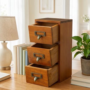 May include: A vertical wooden storage unit featuring three stacked drawers with a medium brown finish. Each drawer is equipped with a dark metal label holder and a curved pull handle, providing a functional organization solution for a desk or workspace.